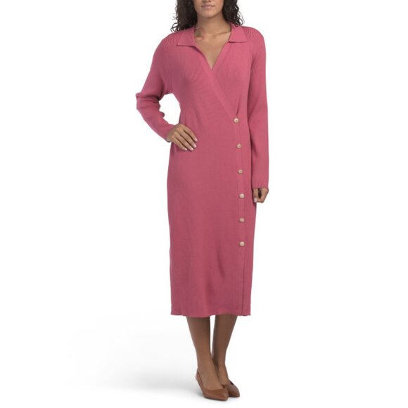 ELIE TAHARI Swan Long Sleeve V-neck Faux Wrap Button Down Rib Midi Dress - Picture 1 of 2